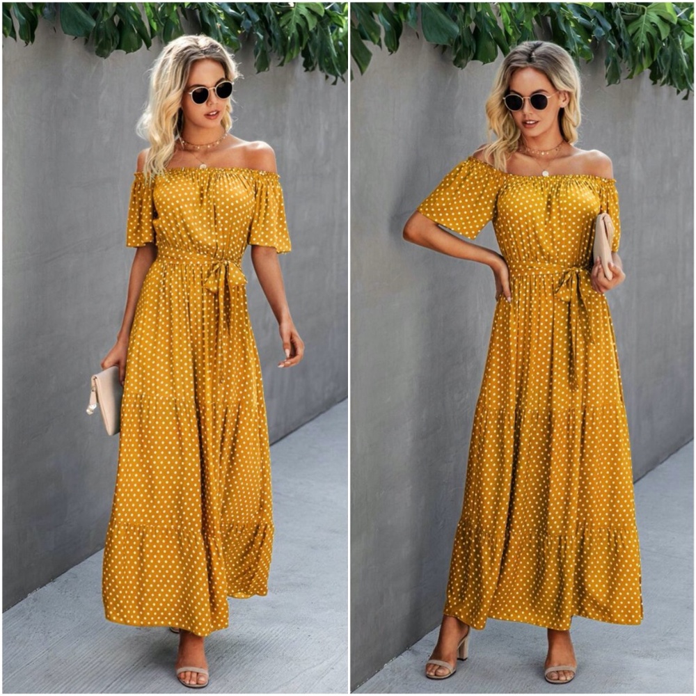 Boho Yellow polka dot off shoulder ruffle Dress